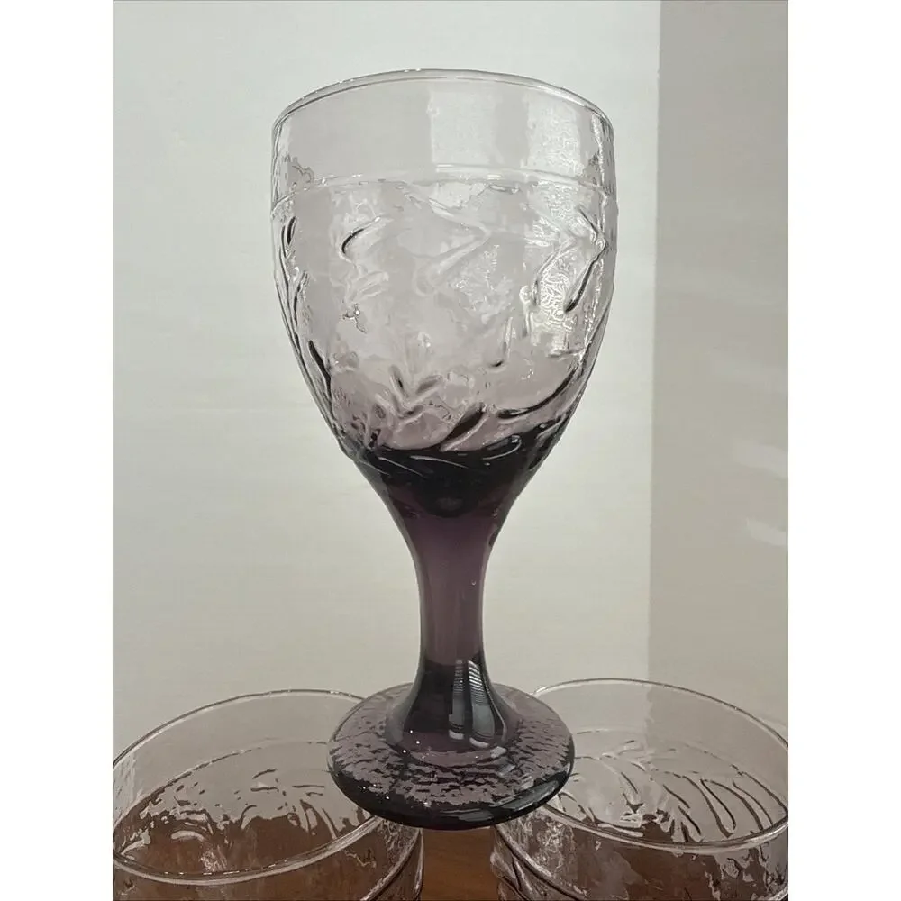 Libbey Garden Vine Amethyst Purple Hammered Stem Goblets Glasses 7